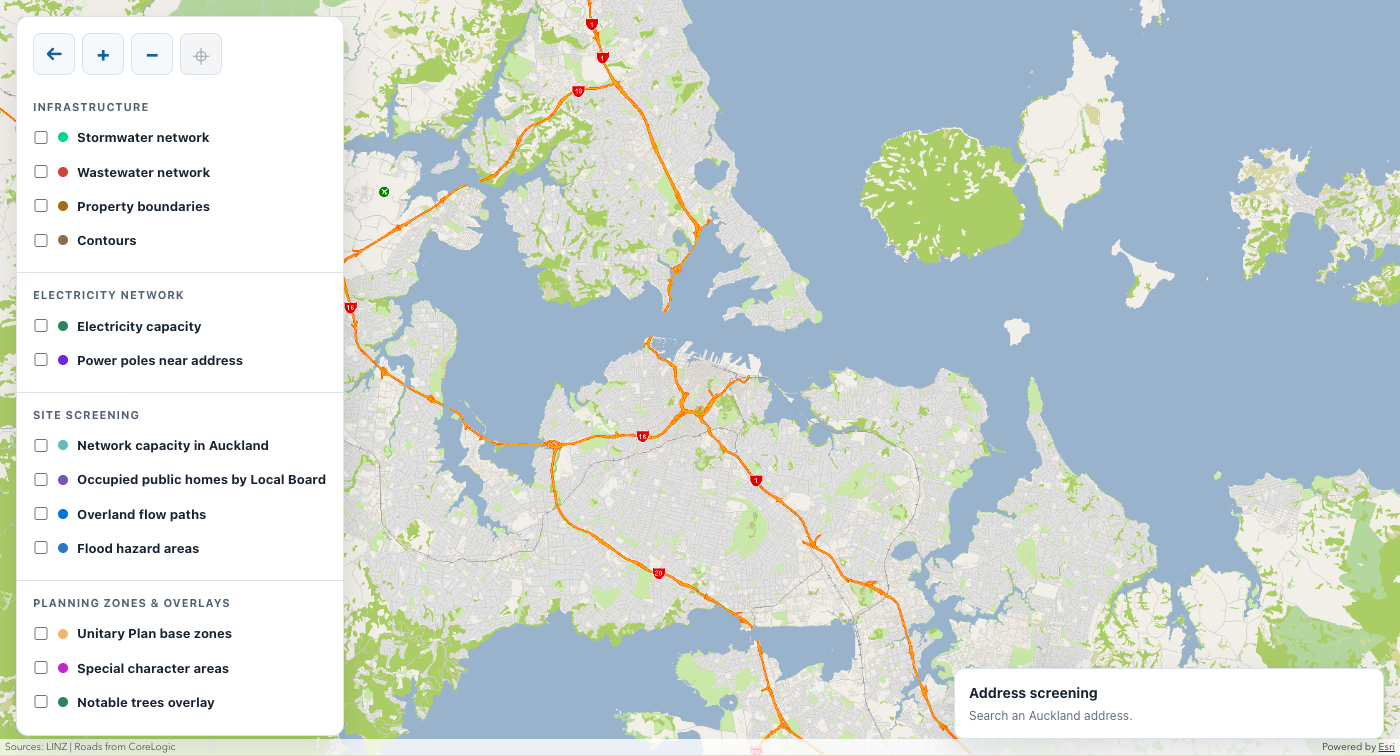 Buildara GIS Map showing Auckland and site-screening data layers