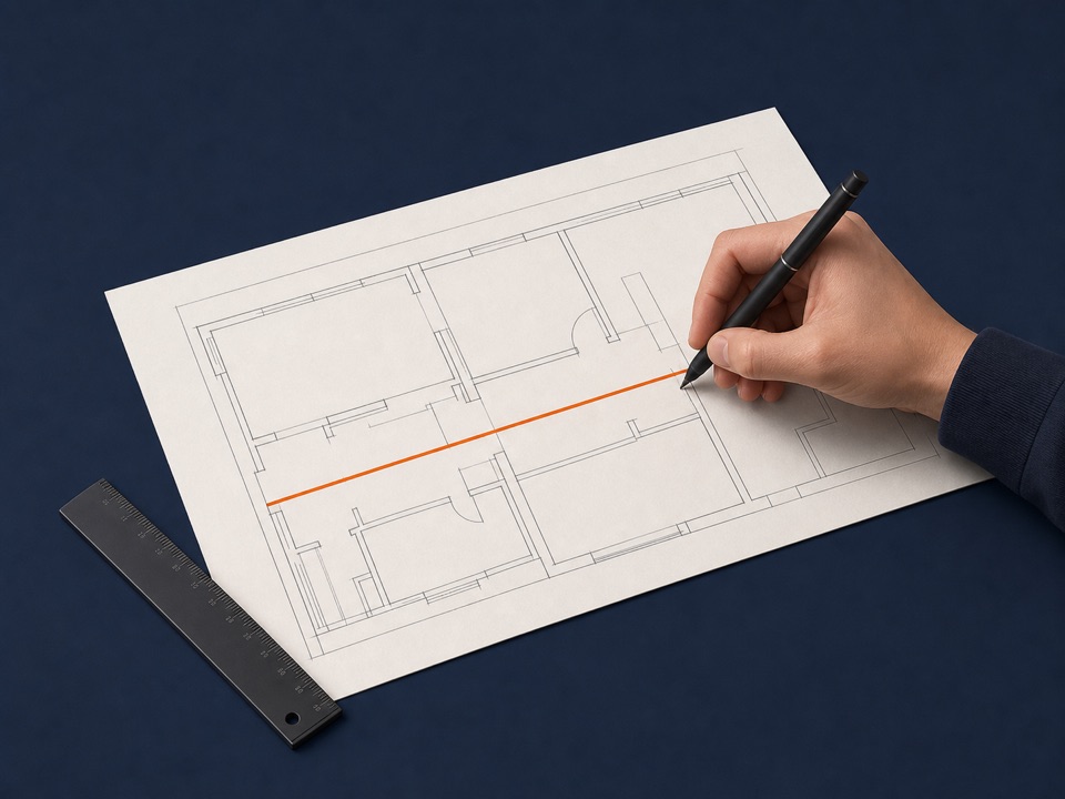 Pen drawing a measurement line across an architectural plan