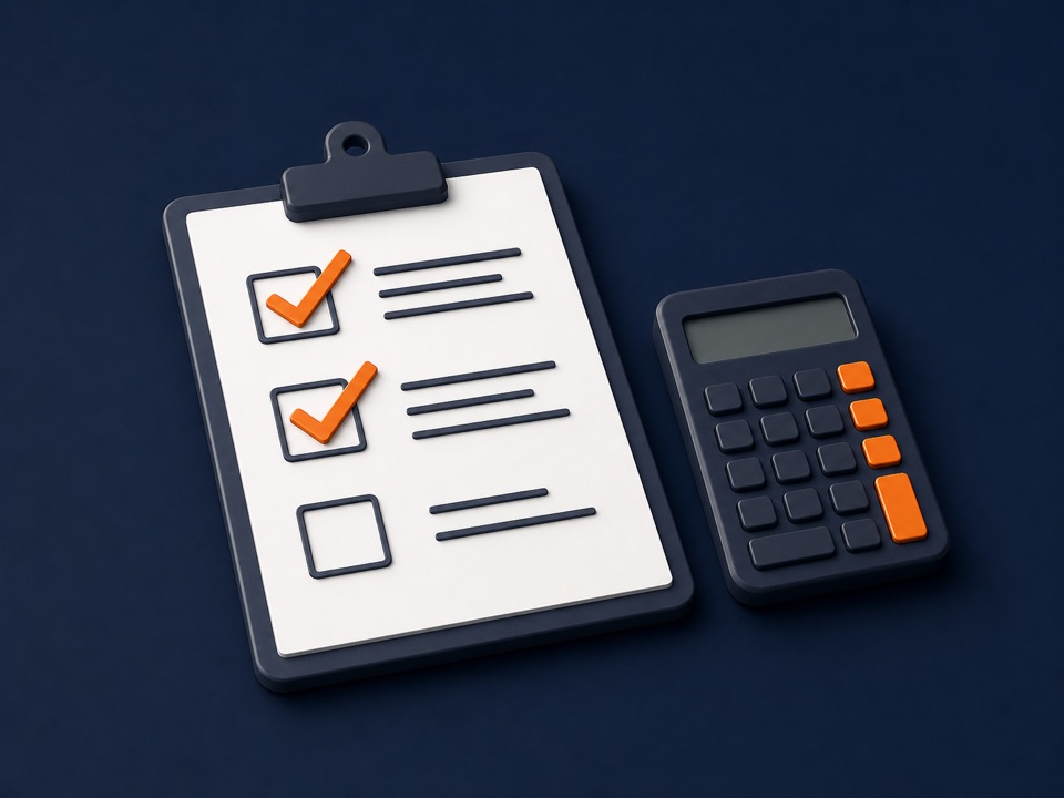 Checklist with completed items beside a calculator